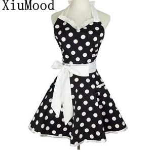 XiuMood Retro Cute Sexy Waiter Apron Dress With Pocket Cotton White Lace Black Polka Dot Kitchen Chef Cooking Aprons For Woman