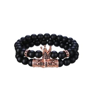 8mm Beads Bracelets Black Matte Onyx Stone Bracelets Sets Charm King Crown Women Men Jewelry