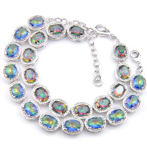 Luckyshine 2 Pcs 925 Sterling Silver Mystic Topaz Oval Rainbow Bracelets Sliver For Women Colored Zircon Bracelets Bangles Jewelry 8inch