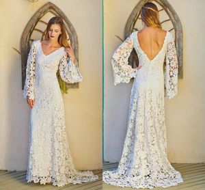 Beach Bohemian Cheap Full Lace Dresses V Neck Backless Long Sleeves Sweep Train Wedding Dress Bridal Gowns Boho Custom Made