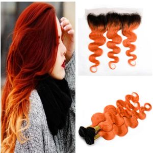 Hot Color Orange Hair With Lace Frontal Peruvian Virgin Human Hair 8a Free Part 13x4 Full Frontals With Ombre Body Wave Hair Weaves