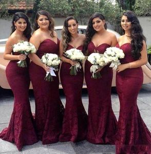 Elegant Bourgogne Sweetheart Lace Mermaid Long Bridesmaid Dresses Wine Maid of Honor Wedding Guest Dress Prom Party klänningar