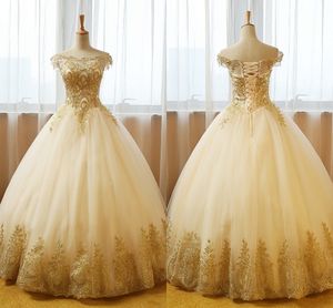 Champagne Ball Gown Prom Dresses Long With Off The Shoulder 2022 Gold Applique Short Sleeve Lace-up Graduation Dress Prom Gowns 8th Grade