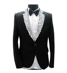 Black Men's jacket Sparkly Rhinestones Slim Blazers Formal Studio Groom Wedding Dresses Prom Party Male Singer Stage Performance Costume
