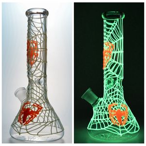 Glow in the Dark Beaker Bongs Hookahs Straight Tube Glass Bong Spider Web Bong Wate Pipe UV Dab Oil Rig GID02