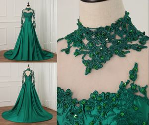 Real Photo Dark Green African Nigerian lace styles Evening Dresses Elegant Long Sleeves Formal Gowns Cheap A line Satin Beads Prom Dress