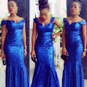 Afrikanska 2017 Sexiga Blå Sequined Mermaid Prom Dresses Long Off The Shoulder Black Girl Formal Party Dresses Custom Made Kina EN12137