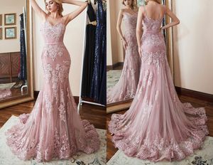 Blushing Blush Pink Mermaid Prom Dress Long Z Spaghetti Paski Koronki Aplikacja Tanie Czerwone Dywan Wieczór Formalne Suknie