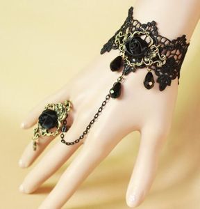 Hot estilo gótico da senhora pulseira anel pulseira de bronze com grãos de antiguidade europeia black rose cristal é requintado e elegante