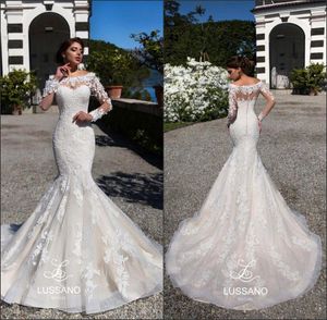 2022 nuovi eleganti abiti da sposa a sirena con bottoni sul retro con applicazioni di pizzo a maniche lunghe Illusion Vestido De Novia abiti da sposa personalizzati BA7585