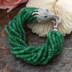 Charmiga Naturliga 12Strands Grön Jade Micro Inlay Zircon Tillbehör Dragon Head Clasp Armband Lång 19cm Mode Smycken