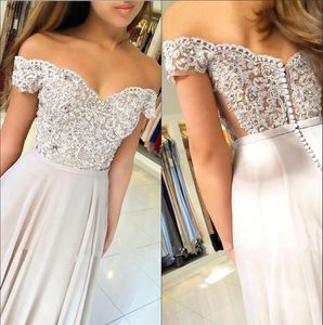 Off The Shoulder Lace Long Prom Chiffon Applique Beaded Floor Length Summer Bridesmaid Party Evening Dresses With Buttonsba9343