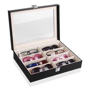 Tonvic Hurtownie 1 pc Czarne Skórzane Okulary Display Display Case Box Tray Holder 8 Komorty z czystym pokrywką akrylową