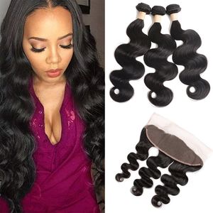 Extensiones de cabello virgen brasileño 3 paquetes con extensiones de cabello humano ondulado frontal de encaje 13 * 4 con frontal de encaje 13x4 4 piezas / lote