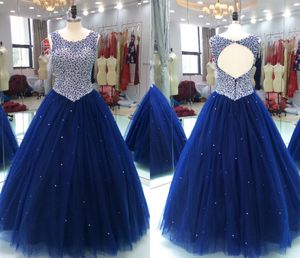 Sparkly Navy Blue Beaded Pearls Evening Dresses Ball Gown Sheer Neck Keyhole Back Tulle Pleated Floor length Cheap Prom Party Dresses