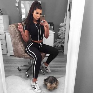 European fashion women's sexy short sleeve hooded crop top sweatshirt and long pants stripe print sports suit bodycon high waist twinset