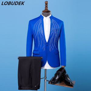 Male slim Suits Adult Costumes Blue Bright Crystals Blazers Trousers suit Prom singer Chorus Master for Wedding stage outfit Host costume