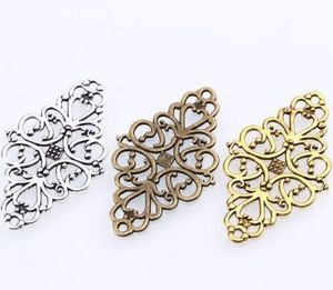 100st Antik Silver Hollow Filigree Flower Connectors Pendant Charms för halsband Smycken Göra fynd 41x24mm