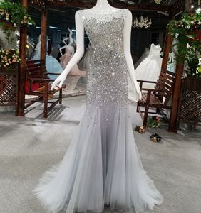 Sexy Bling Kristall Perlen Meerjungfrau Ballkleider Silber Rückenfrei Tüll Major Beading 2022 Formelles Abendkleid Echtes Bild Königsblau Schwarz