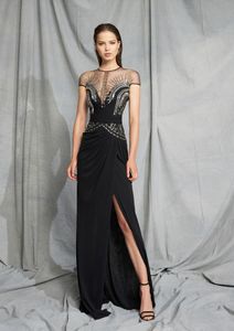 Zuhair Murad Schwarze Ballkleider mit Juwelenausschnitt und kurzen Ärmeln, Perlenbesatz, A-Linie, seitlich geschlitztes Abendkleid, formelle Partykleider