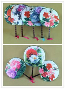 Big Flower Round Hand Held Fan Handle Traditional Craft Chinese Silk Dancing Fans Personalized Wedding Favors Fan 100pcs/lot