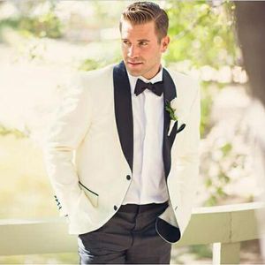 Elfenbeinfarbener Herren-Hochzeits-Smoking, schwarzer Schal-Revers-Bräutigam-Smoking, modischer Herren-Blazer, 2-teiliger Anzug, Abschlussball-/Dinnerjacke (Jacke + Hose + Krawatte) 2628