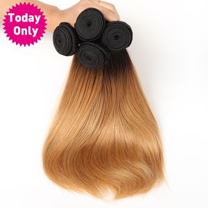 [TODAY ONLY] Blonde Brazilian Straight Hair Weave Bundles Ombre Human Hair Bundles Two Tone 1b 27 Non Remy Can Buy 3 or 4