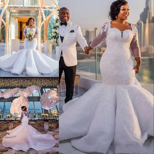 Suknie ślubne South African Syrena Koronkowe aplikacje Plus Size Sheer Długie Rękawy Suknie Ślubne Satin Sweep Pociąg Wedding Vestito Da Sposa