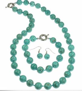12mm Genuine semi precious turquoise round bead necklace, bracelet and earrings set