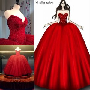 Czerwony Sexy Gorset Prom Dresses Moda V-Neck Cekiny Koraliki Aplikacja Suknia Balowa Wieczorowa Dress Glamorous Fluffy Lace-Up Quinceanera Dress