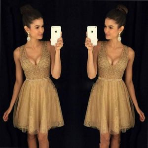 Sexy V-Neck Gold Sequins Homecoming Dresses Sleeveless Lace A-Line Plus Size Knee Length Short Prom Dress Cocktail Cocktail Party Club Wear