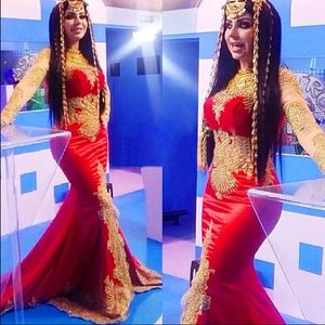 Moda muçulmano árabe mangas compridas miçangas sereia ouro e vermelho celebridade vestidos de noite dubai paquistão longo maxi noite gow3001
