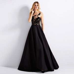 Impressionante Vestido de cetim preto Prom Dress com bolsos Sheer com Floral Applique botões Voltar Vestidos Formais