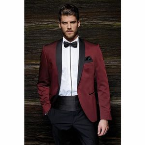 Moda Style One Button Burgundy Groom Tuxedos Groomsmen Męskie Prom Ślubny Garnitury Oblubienica (Kurtka + Spodnie + Pasek + Krawat)