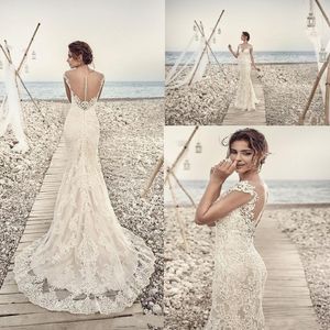 Modern Arabic Mermaid Sheath Wedding Dresses Illusion Cap Sleeves Court Train Lace Appliques Plus Size Sheer Back Formal Bridal Gowns 253