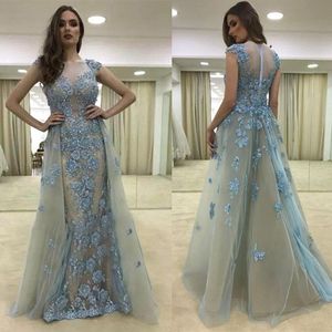 A-Line Round Neck Cap Sleeves Light Blue Tulle Prom Dress with Beading 3D Flowers Evening Dress