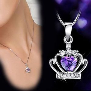 Korean women's Crown pendant Necklaces Queen Princess Purple white crystal diamond Charm Silver plated chain For Ladies Fashion Jewelry