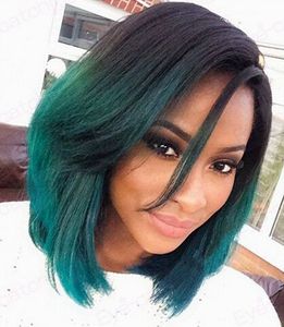 Hot Selling Ombre green Lace Front Wigs With Baby Hair 180% Density Heat Resistant 14inch Short Wigs Synthetic For Black Women