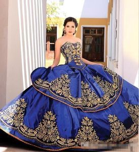 Royal Blue Gold Lace Quinceanera Dresses Ball Gown Sweetheart Embroidery Applices Pärled Sweet 16 Masquerade Dresses Soe Up