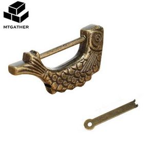 MTGATHER Vintage Chinese Padlock Antique Old Style Retro Brass Jewelry Box Fish Pattern Lock Key for Home Decor Ornaments