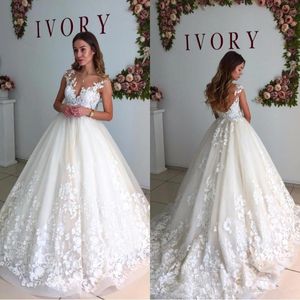 Sukienki ślubne Arabic Sheer Scyk Lace 3D Floral Applique Kulki koraliki rękawy bez pleców Zamiatek Szyt Plus Formalne suknie ślubne