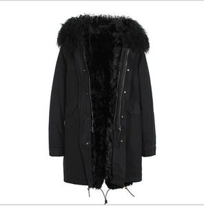 良い品質モンゴルの羊の毛皮のムジュアのブランドの黒い子羊の毛皮の毛皮のライナーブラックロングジャケット雪冬パーカーYKKジッパー