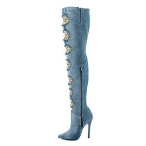 Tasarım sivri seksi yeni kadın ayak parmağı mavi denim diz ince kesilmiş ince stil uzun yüksek topuk botlar elbise ayakkabıları 5
