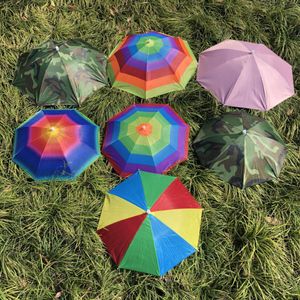 Rainbow Umbrella Hat Hands Free with Head Strap Waterproof Outdoor Camping Hiking Fishing Foldable Cap 55cm