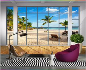 All'ingrosso-3D foto carta da parati personalizzata 3d murales carta da parati 3D stereo balcone finestra spiaggia cocco albero paesaggio murale sfondo muro