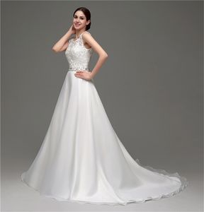 Elegant Ivory Satin Wedding Dress Scoop Lace with Sequins Sash Sweep Train Sexy Backless Long Bridal Gowns