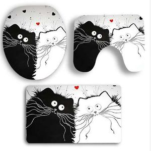 Polyester Love Two Cats Badematten 3 Teile/satz Toilettendeckel-Abdeckungsmatte Saugfähiger Bodenteppich Teppich Rutschfestes PVC-Badezimmerdekor