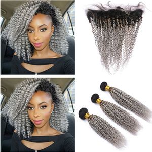 Ombre Silver Grey Indian Kinky Curly Human Hair Bundles 3Pcs with Full Lace Frontal Closure #1B/Grey Ombre Virgin Hair Weft Extensions