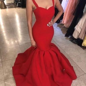 New Cheap Red Evening Dresses Long Satin Straps Zipper Back Simple Cocktail party Dress Young Girls Formal Custom made Mermaid Prom Gowns