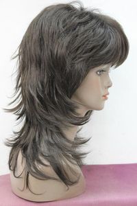 nova moda Marrom Escuro cabelo Sintético Em camadas peruca de comprimento Médio ondulado